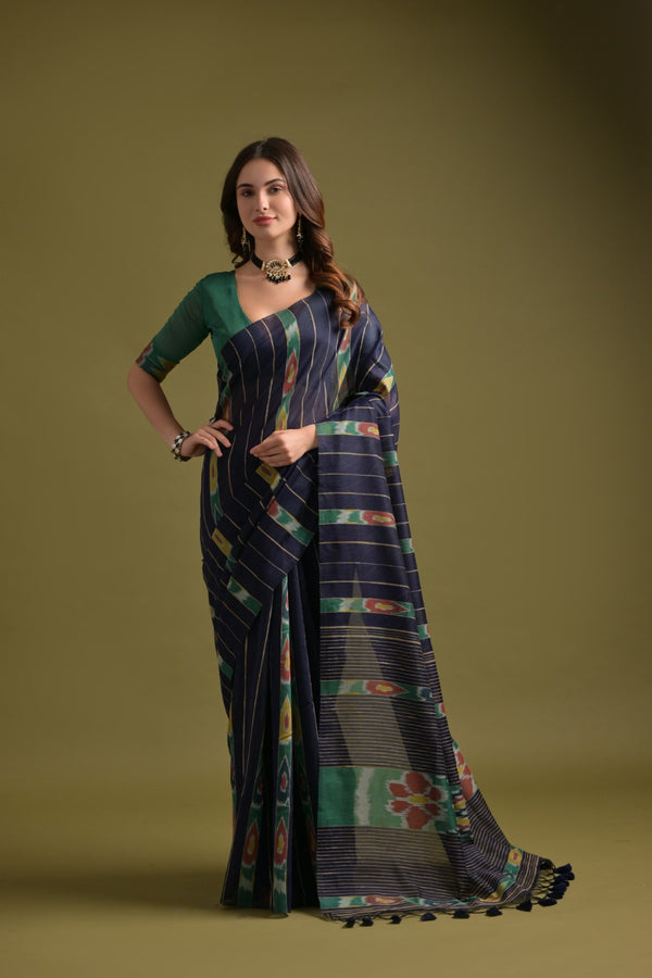 Space Blue Soft Ikkat Cotton Woven Design Saree