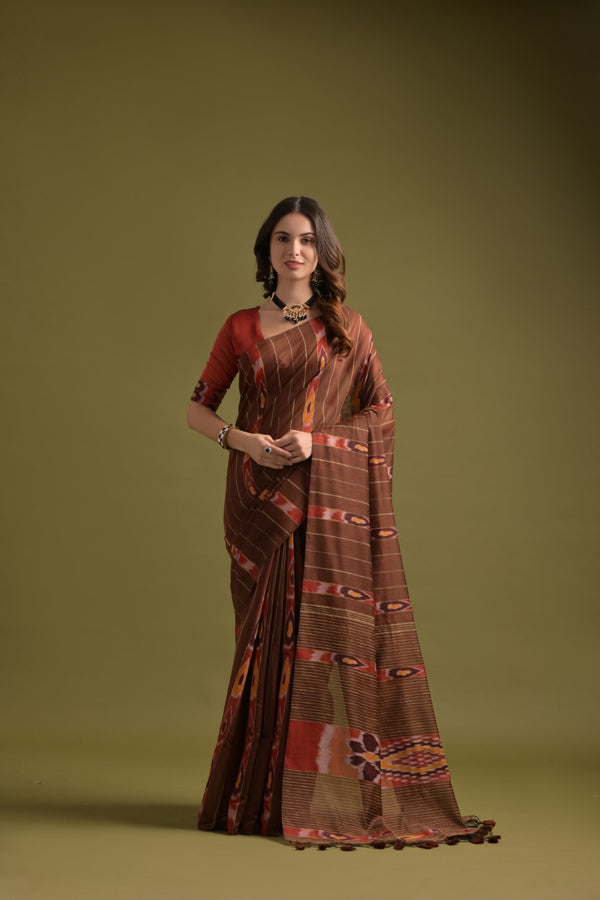 Caramel Coffee Soft Ikkat Cotton Woven Design Saree