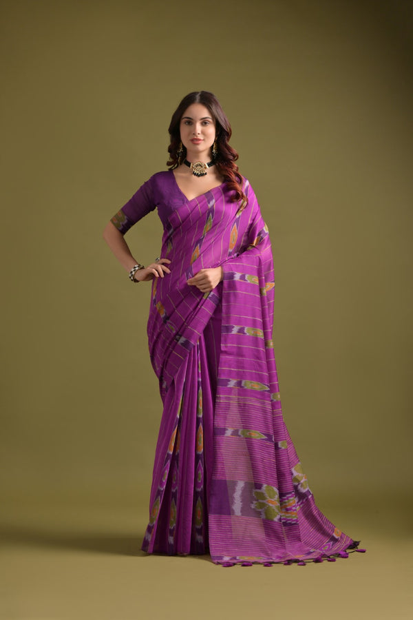 Fuchsia Pink Soft Ikkat Cotton Woven Design Saree