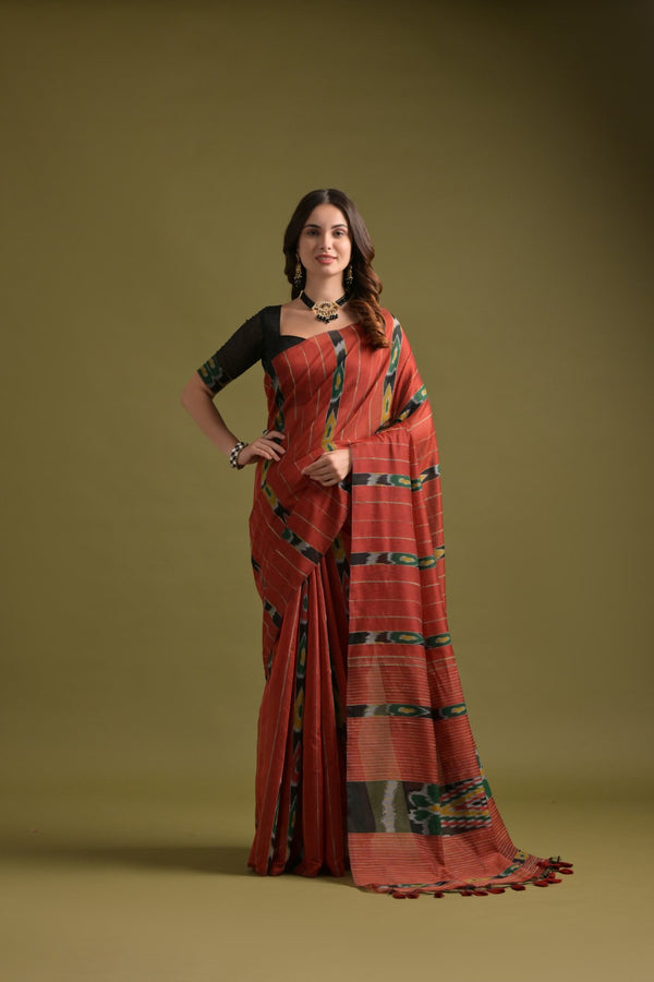 Fire Brick Red Soft Ikkat Cotton Woven Design Saree