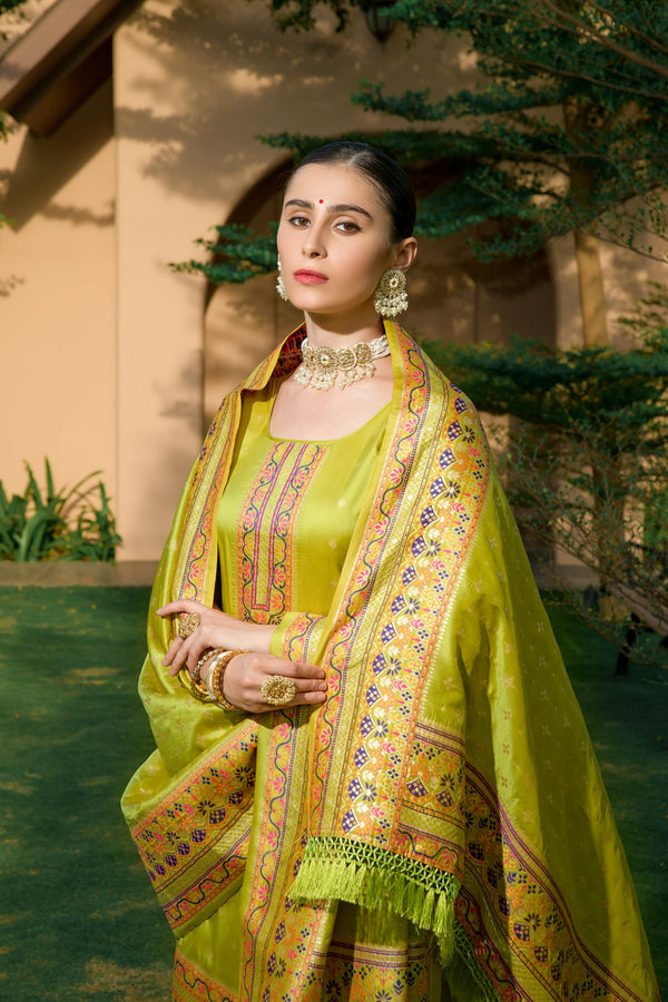 Chartreuse Green Pashmina Silk Unstitch Salwar Suit