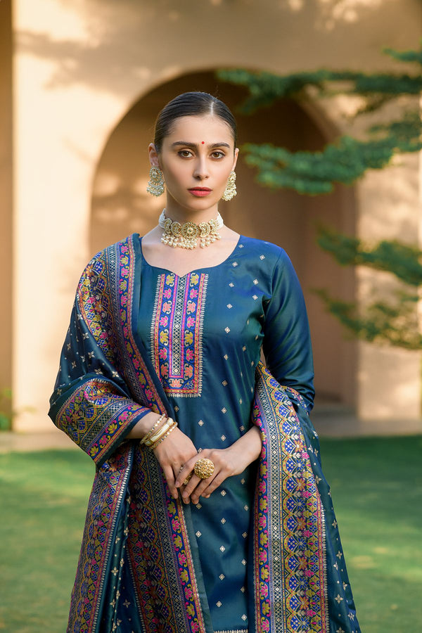 Indigo Dye Pashmina Silk Unstitch Salwar Suit