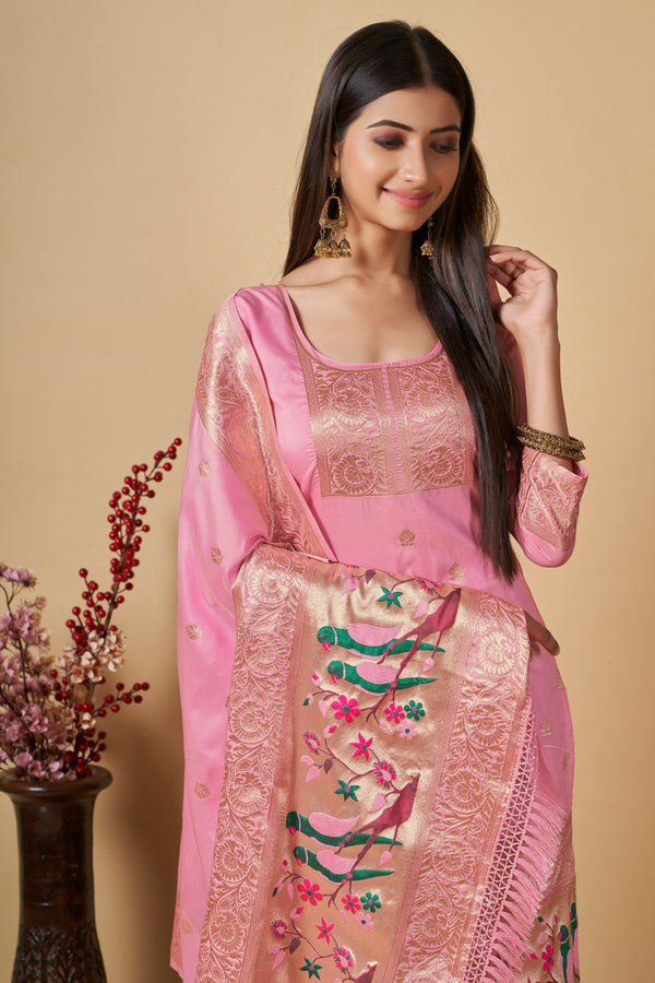 Nadeshiko Pink Paithani Banarasi Silk Unstitch Salwar Suit
