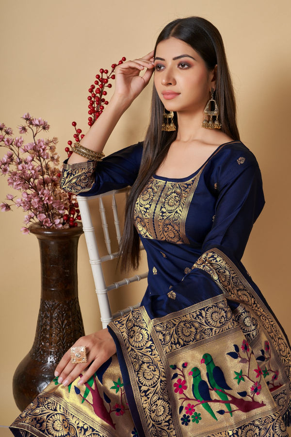 Prussian Blue Paithani Banarasi Silk Unstitch Salwar Suit