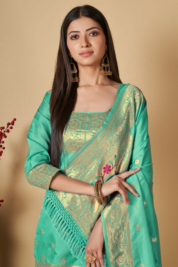 Seafoam Green Paithani Banarasi Silk Unstitch Salwar Suit