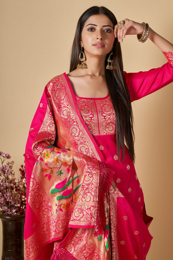 Neon Pink Paithani Banarasi Silk Unstitch Salwar Suit