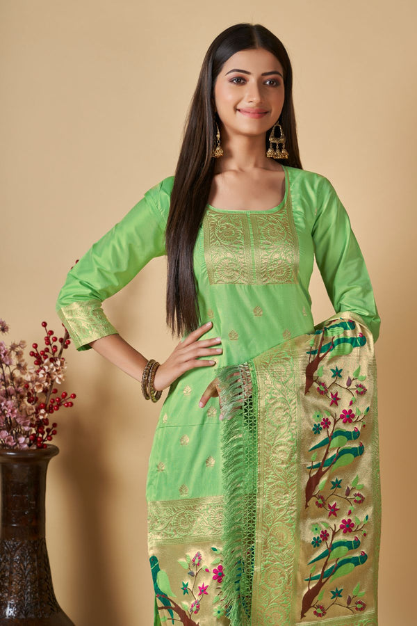 Screaming Green Paithani Banarasi Silk Unstitch Salwar Suit