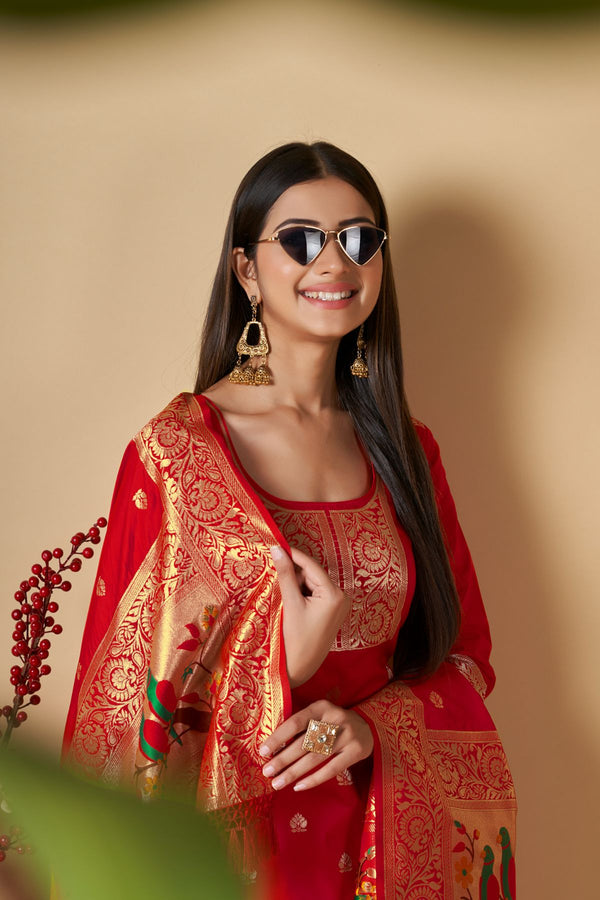 Candy Apple Red Paithani Banarasi Silk Unstitch Salwar Suit