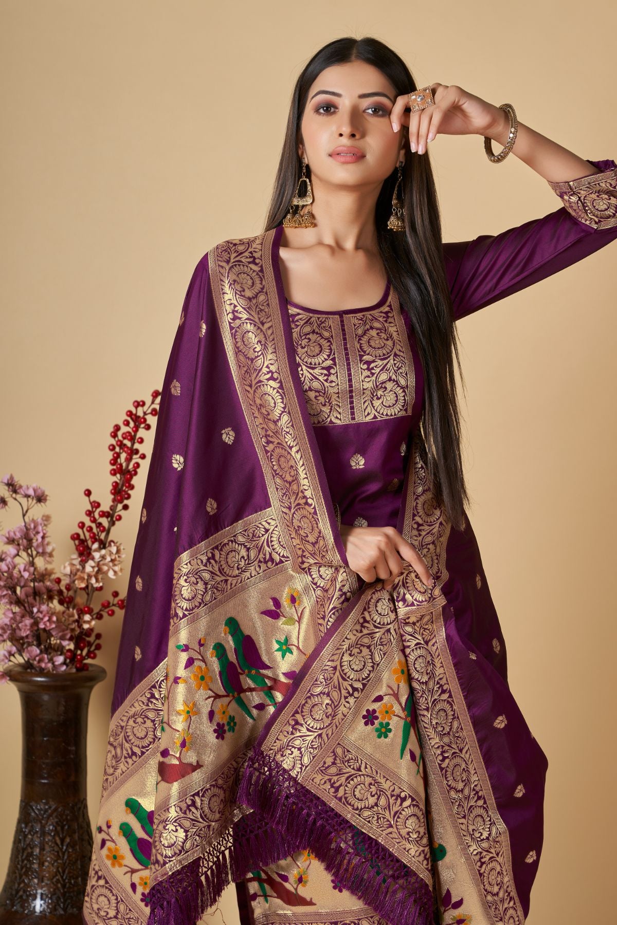 Boysenberry Wine Paithani Banarasi Silk Unstitch Salwar Suit – Vishnu ...