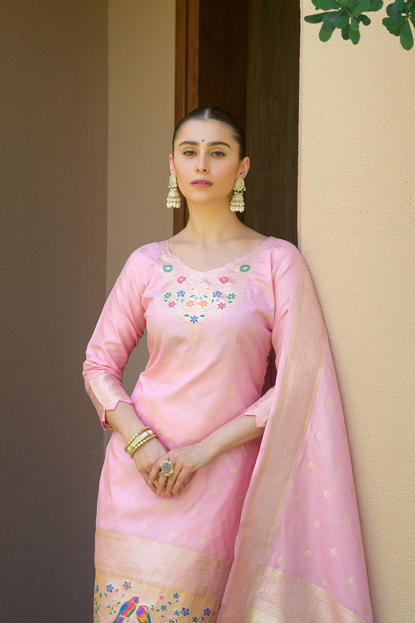 Pastel Pink Paithani Banarasi Silk Unstitch Salwar Suit