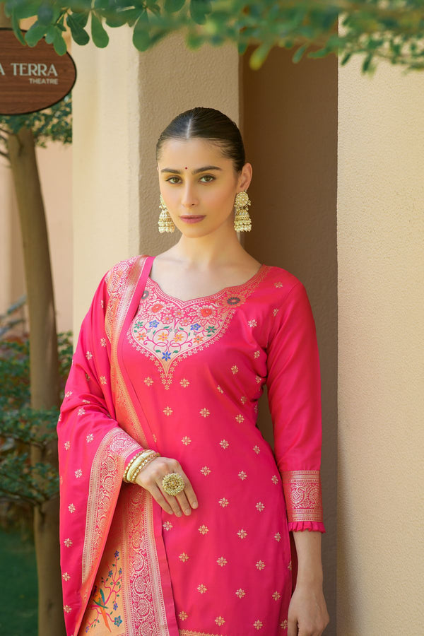 Bright Pink Paithani Banarasi Silk Unstitch Salwar Suit