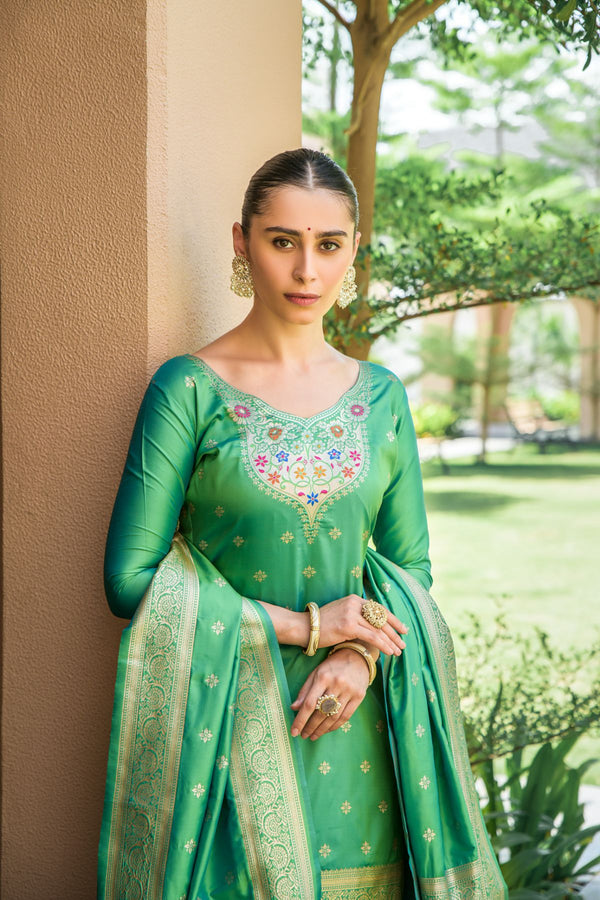 Emerald Green Paithani Banarasi Silk Unstitch Salwar Suit