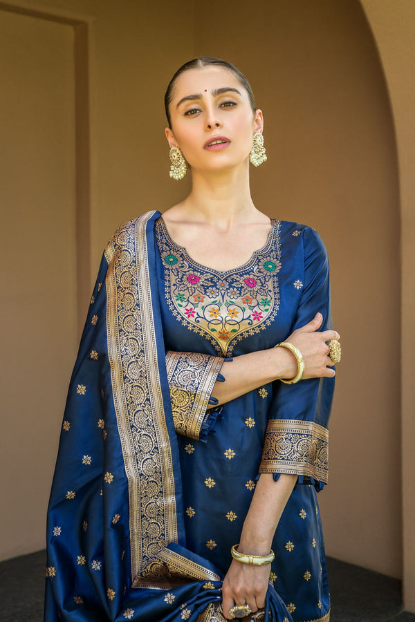 Yale Blue Paithani Banarasi Silk Unstitch Salwar Suit