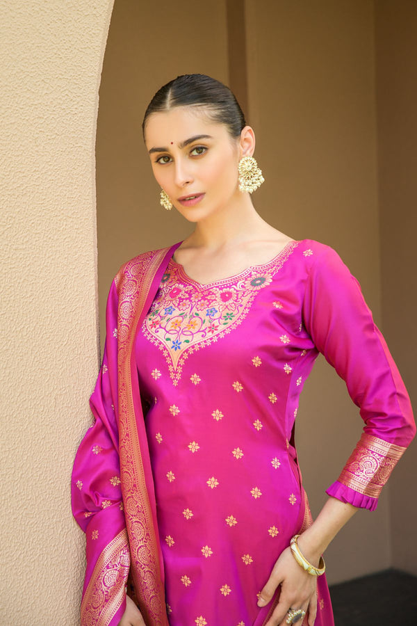 Hot Pink Paithani Banarasi Silk Unstitch Salwar Suit