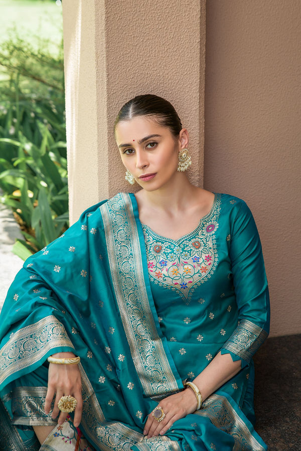 Blue Green Paithani Banarasi Silk Unstitch Salwar Suit