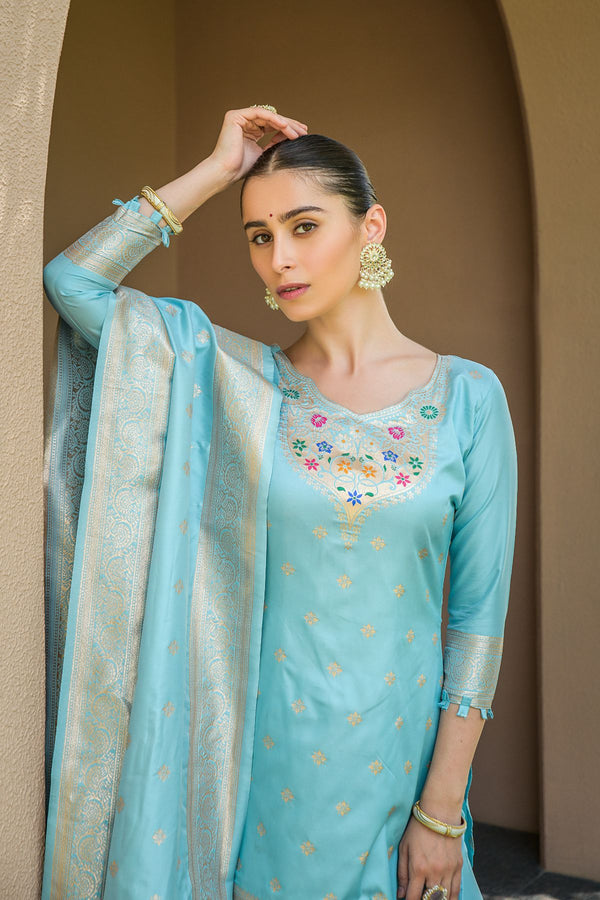 Baby Blue Paithani Banarasi Silk Unstitch Salwar Suit