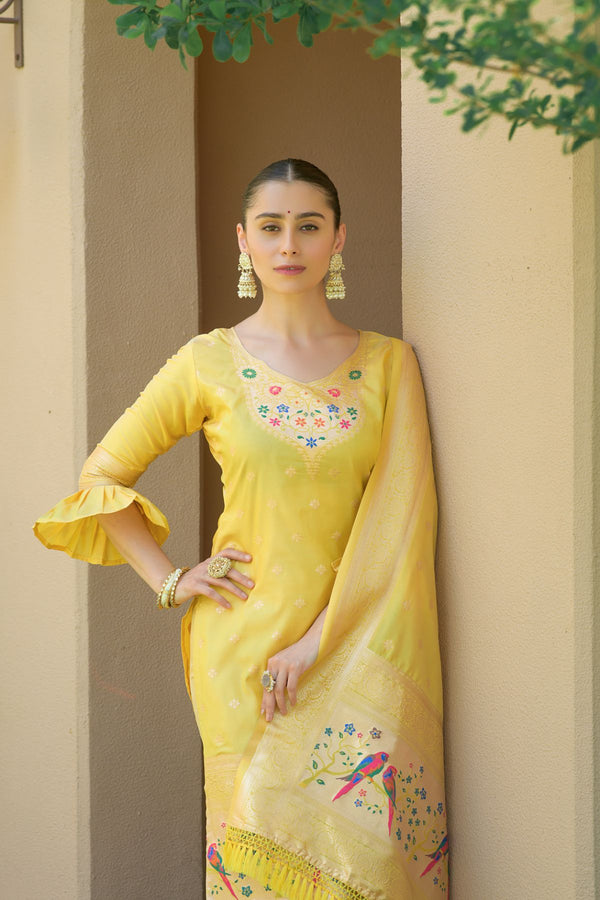 Minion Yellow Paithani Banarasi Silk Unstitch Salwar Suit