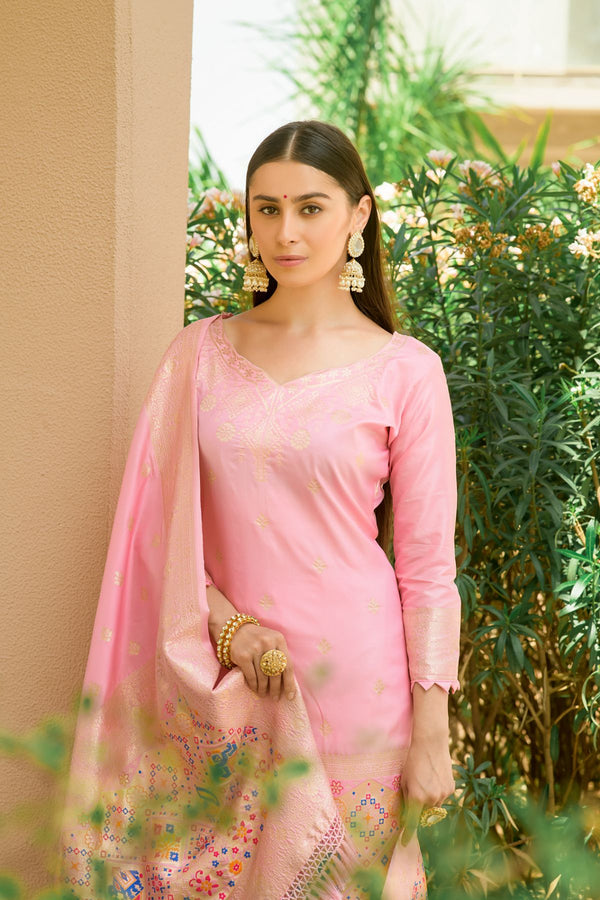 Cherry Pink Paithani Banarasi Silk Unstitch Salwar Suit