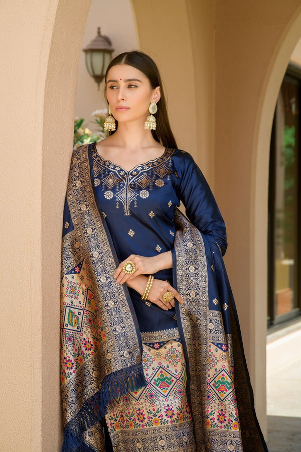 Space Blue Paithani Banarasi Silk Unstitch Salwar Suit