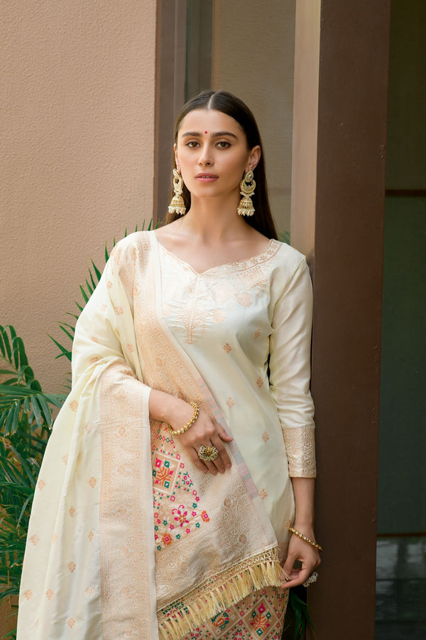 Linen White Paithani Banarasi Silk Unstitch Salwar Suit