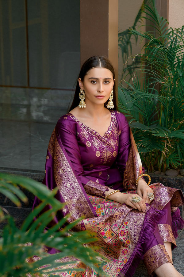 Dark Magenta Paithani Banarasi Silk Unstitch Salwar Suit