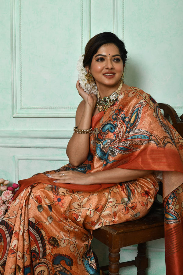 Coral Orange Silk Saree