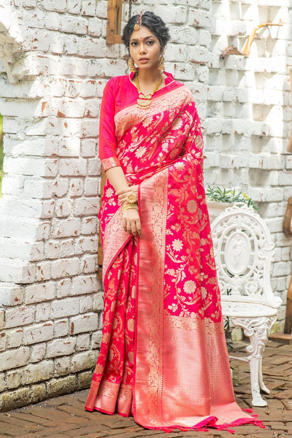 Hot Pink Pure Zari woven Soft Banarasi Silk Saree