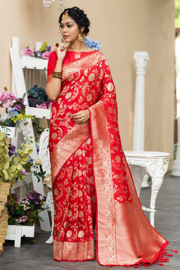 Rose Red Pure Zari woven Soft Banarasi Silk Saree
