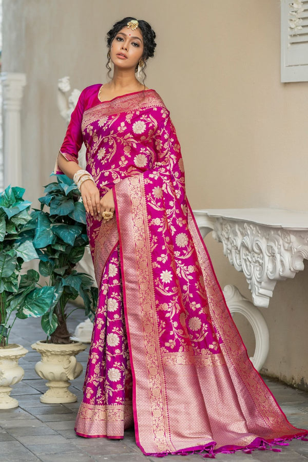 Magenta Pink Pure Zari woven Soft Banarasi Silk Saree