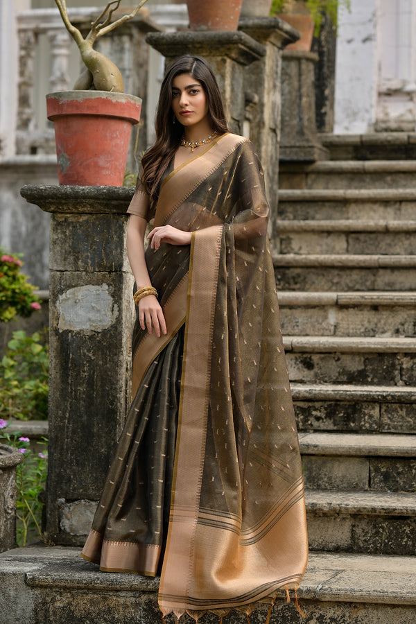 Tortilla Coffee Woven Design Linen Silk Zari Butti Weaves Saree