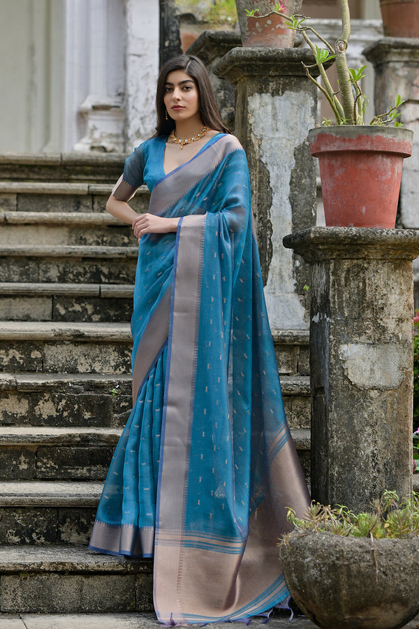 Cerulean Firozi Woven Design Linen Silk Zari Butti Weaves Saree