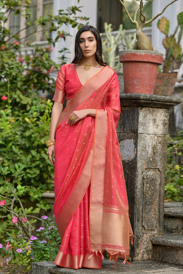 Brink Gajri Woven Design Linen Silk Zari Butti Weaves Saree