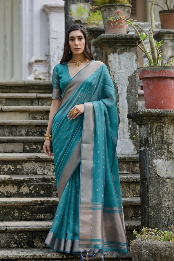 Sky Rama Woven Design Linen Silk Zari Butti Weaves Saree