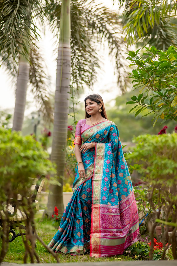 Traditional Cerulean Blue Banarasi Silk Patola Saree