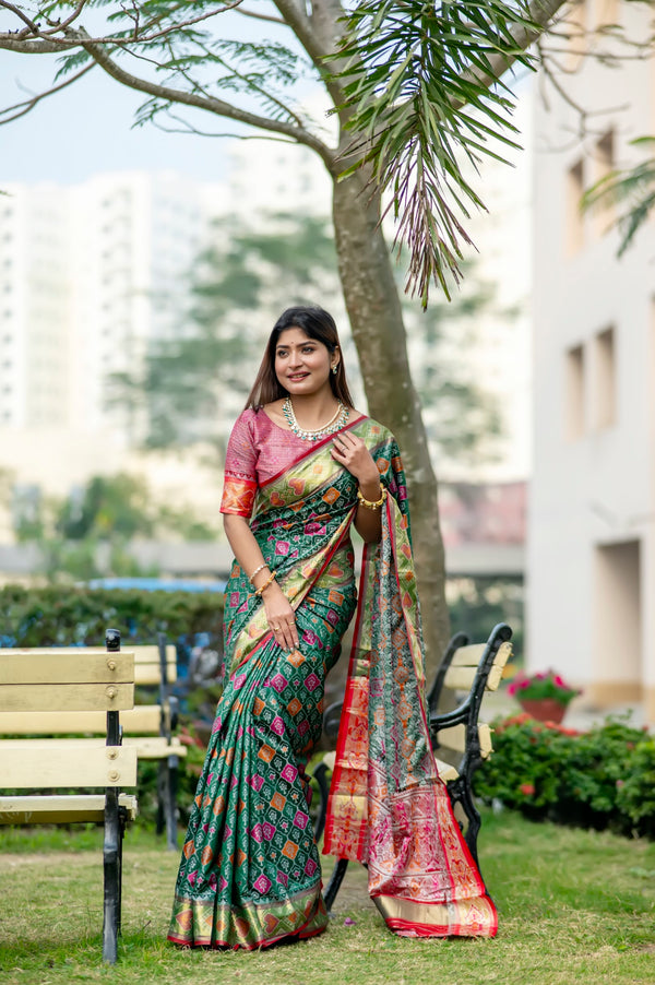 Traditional Castleton Green Banarasi Silk Patola Saree