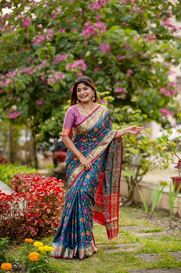 Traditional Crystal Teal Banarasi Silk Patola Saree