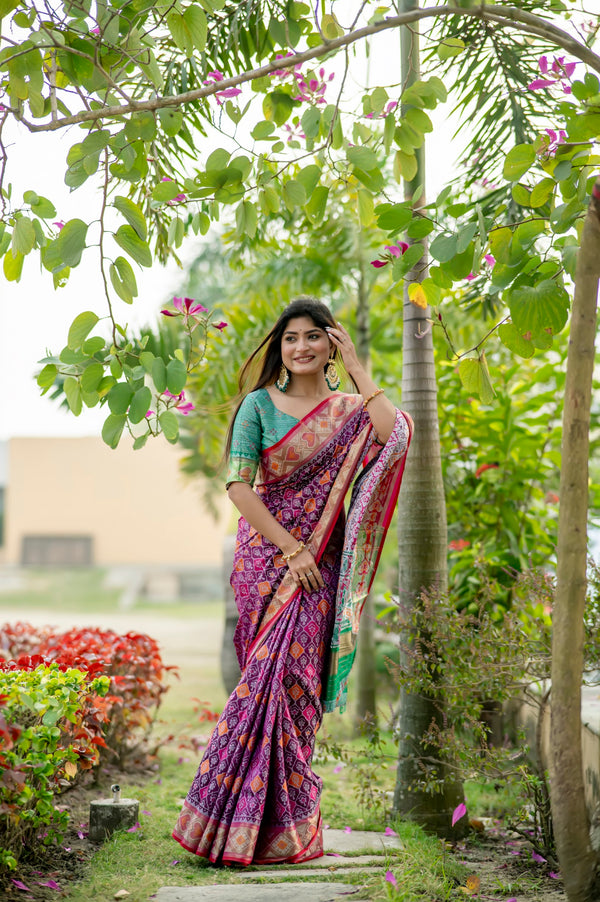 Traditional Malbec Wine Banarasi Silk Patola Saree