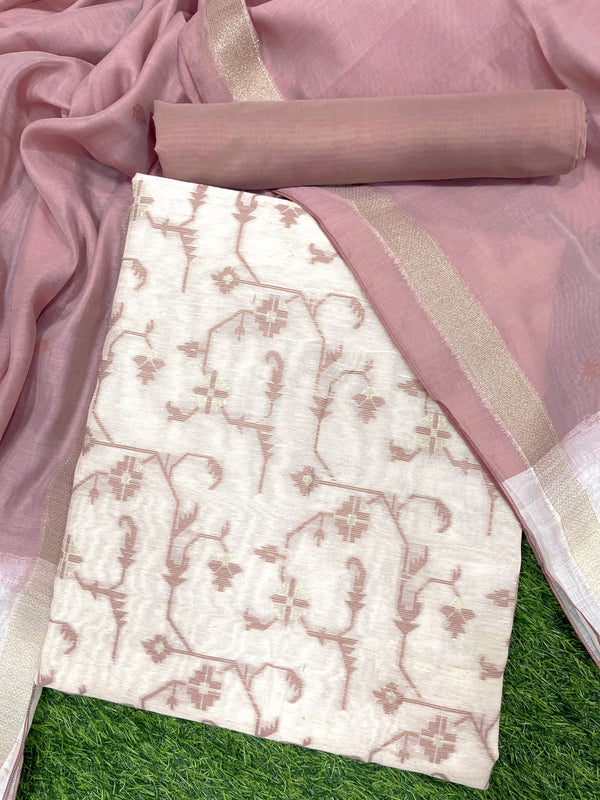 Flamingo Pink-Beige Authentic Jamdani Weaved Linen Suit Set