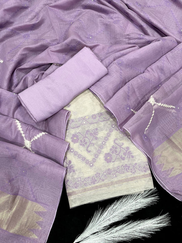 Black Currant Lavender-Beige Floral Jamdani Weaved Linen Suit Set