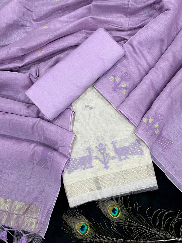 Black Currant Lavender-Beige Rich Jamdani Weaved Linen Suit Set