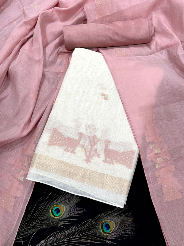 Flamingo Pink-Beige Rich Jamdani Weaved Linen Suit Set