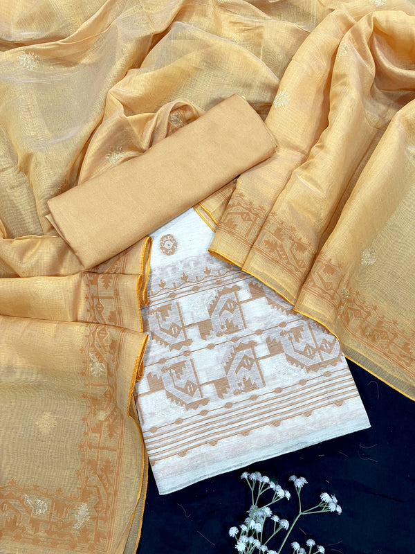 Stellar Orange-Beige Natural Jamdani Weaved Linen Suit Set