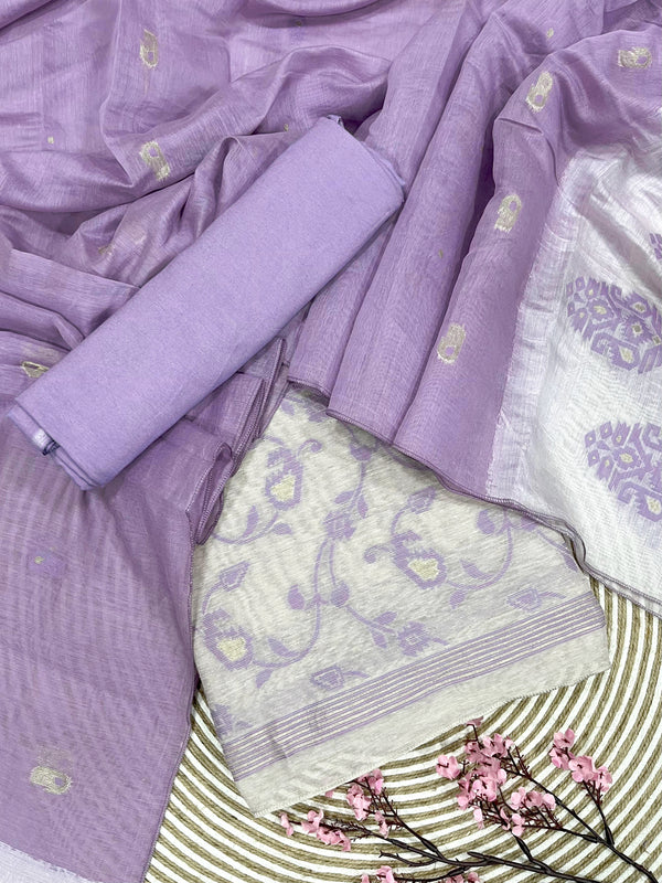 Black Currant Lavender-Beige Immersive Jamdani Weaved Linen Suit Set