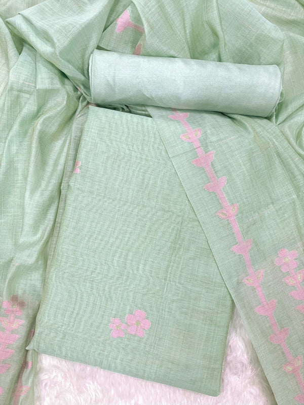 Green Floral Woven Muga Cotton Unstitched Salwar Suit