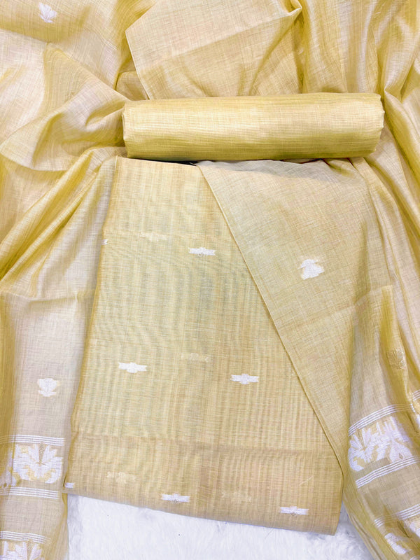 Yellow Floral Leaf Woven Muga Cotton Unstitched Salwar Suit