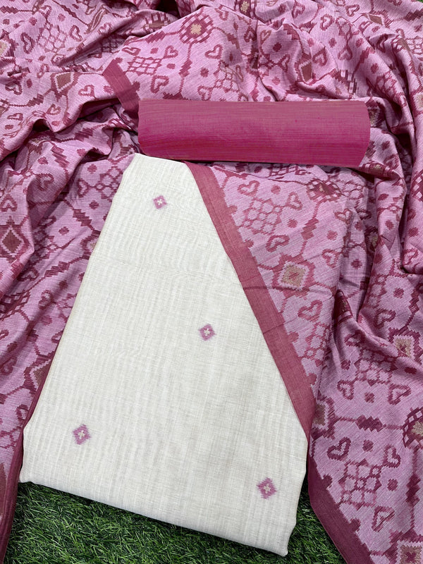 Heavy Hearted Pink Woven Muga Cotton Unstitched Salwar Suit