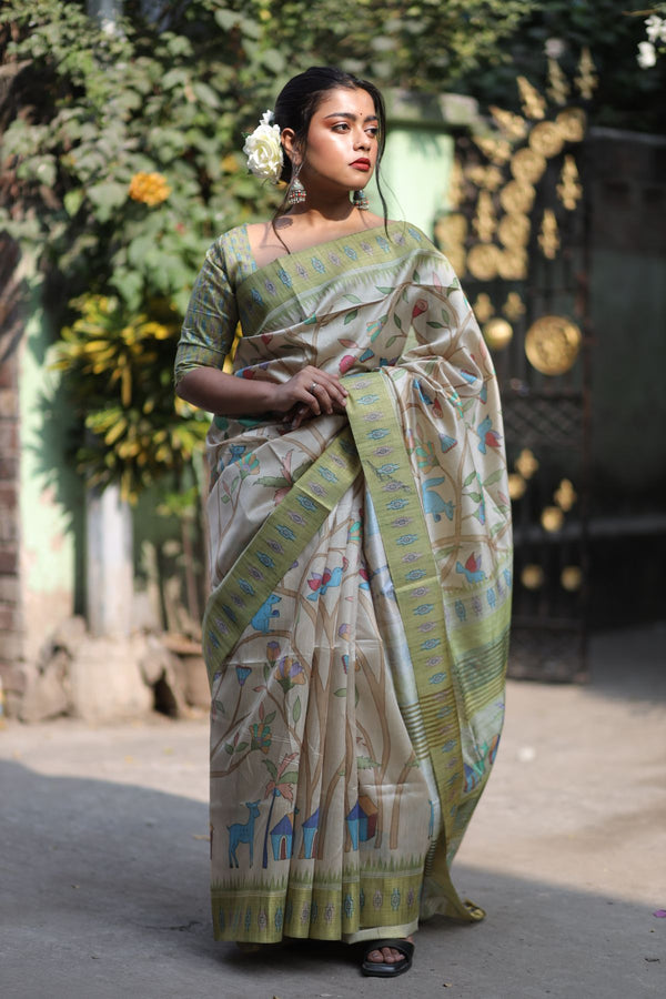 Tea Green Printed Silk Saree