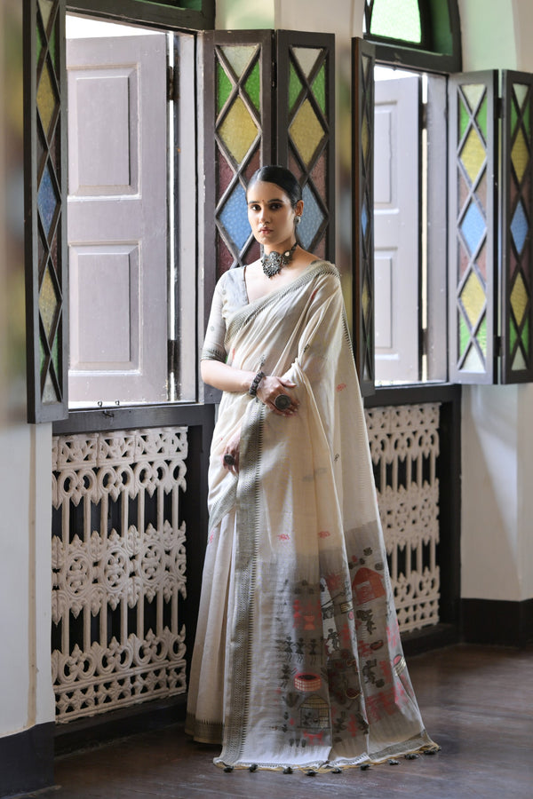 Stunning Cotton White Thread Woven Muga Cotton Silk Saree