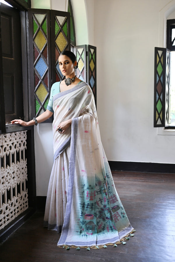 Stunning Forts White Thread Woven Muga Cotton Silk Saree