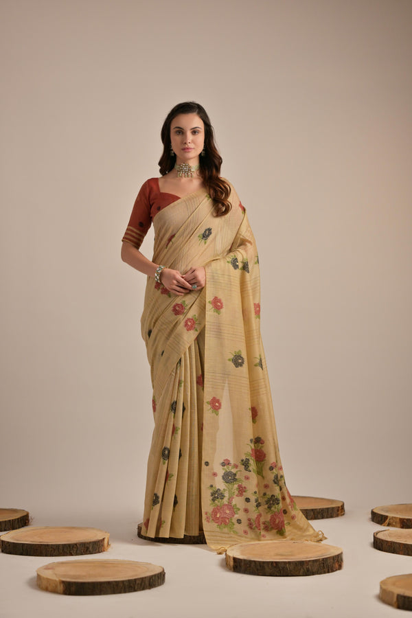 Sand Chiku Pichway Rose Woven Design Muga Cotton Saree